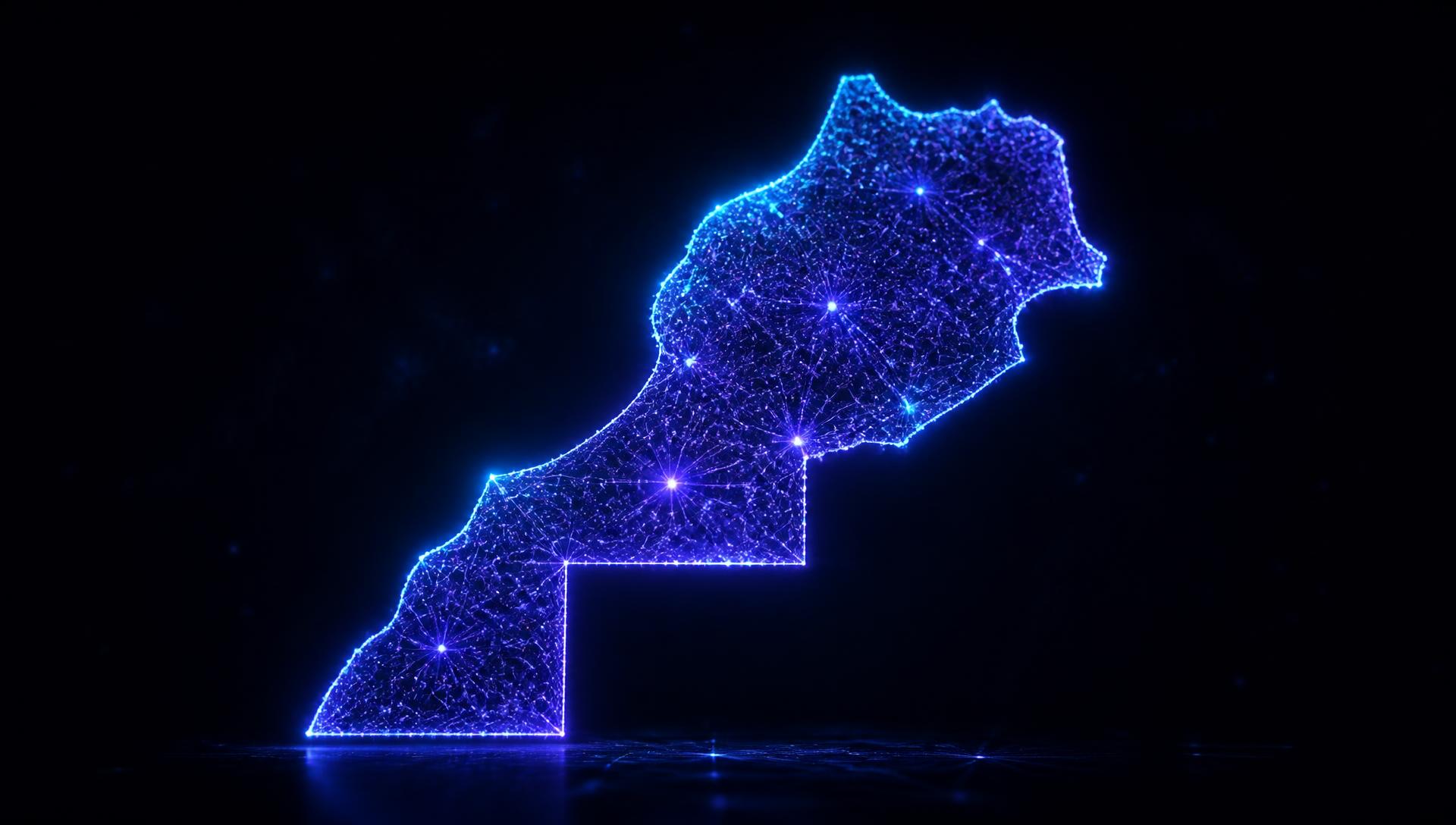 Map of Morocco rendered as a glowing network of artificial intelligence connections